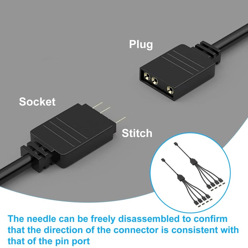 TNJPSEK 2 Pack 3Pin 5V ARGB Extension Cable Set with 8 Male Pins, 1-to-4 Addressable RGB Splitter Cable Female to Female Adapter for PC Case Fans LED Strips CPU Coolers Chassis Lighting System (Black) - Image 3